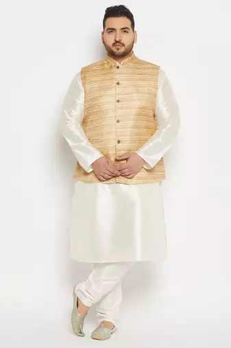 beige and cream silk blend jacket, kurta and pyjama set