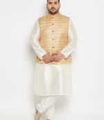 beige and cream silk blend jacket, kurta and pyjama set
