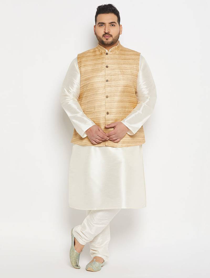beige and cream silk blend jacket, kurta and pyjama set