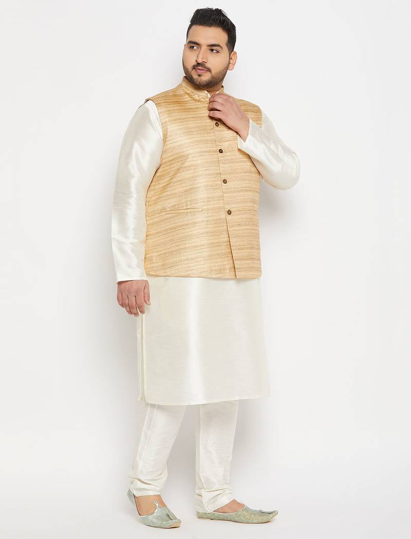 beige and cream silk blend jacket, kurta and pyjama set