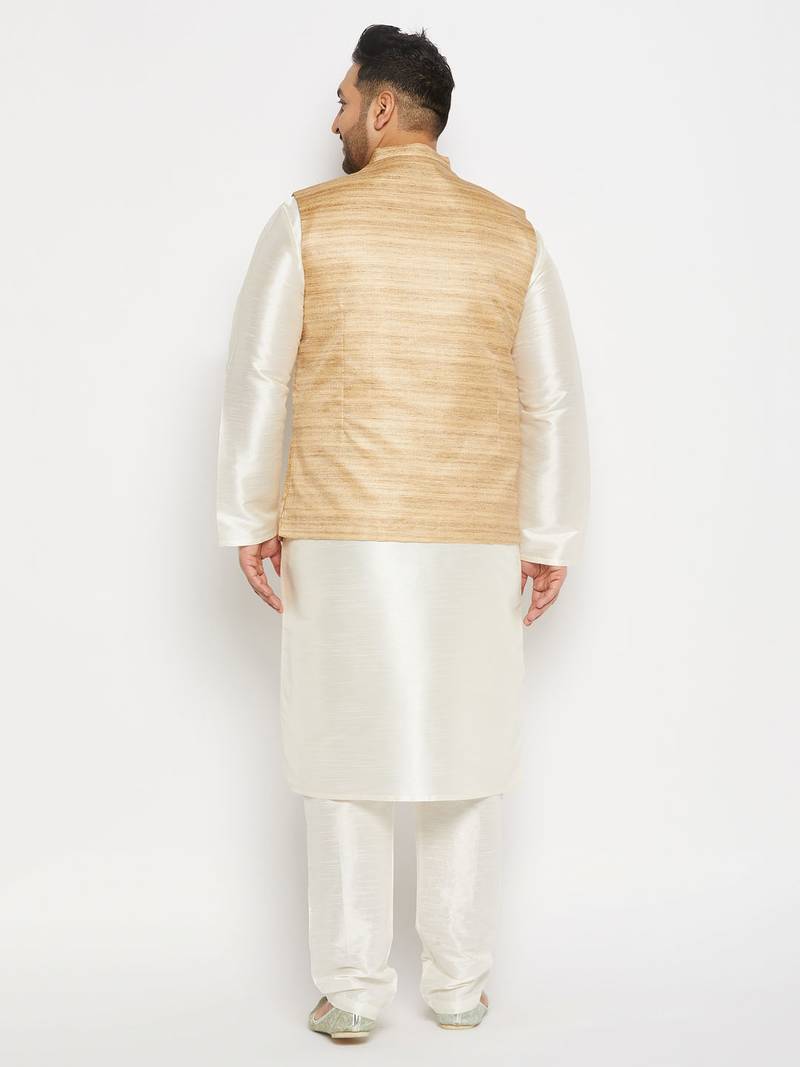 beige and cream silk blend jacket, kurta and pyjama set