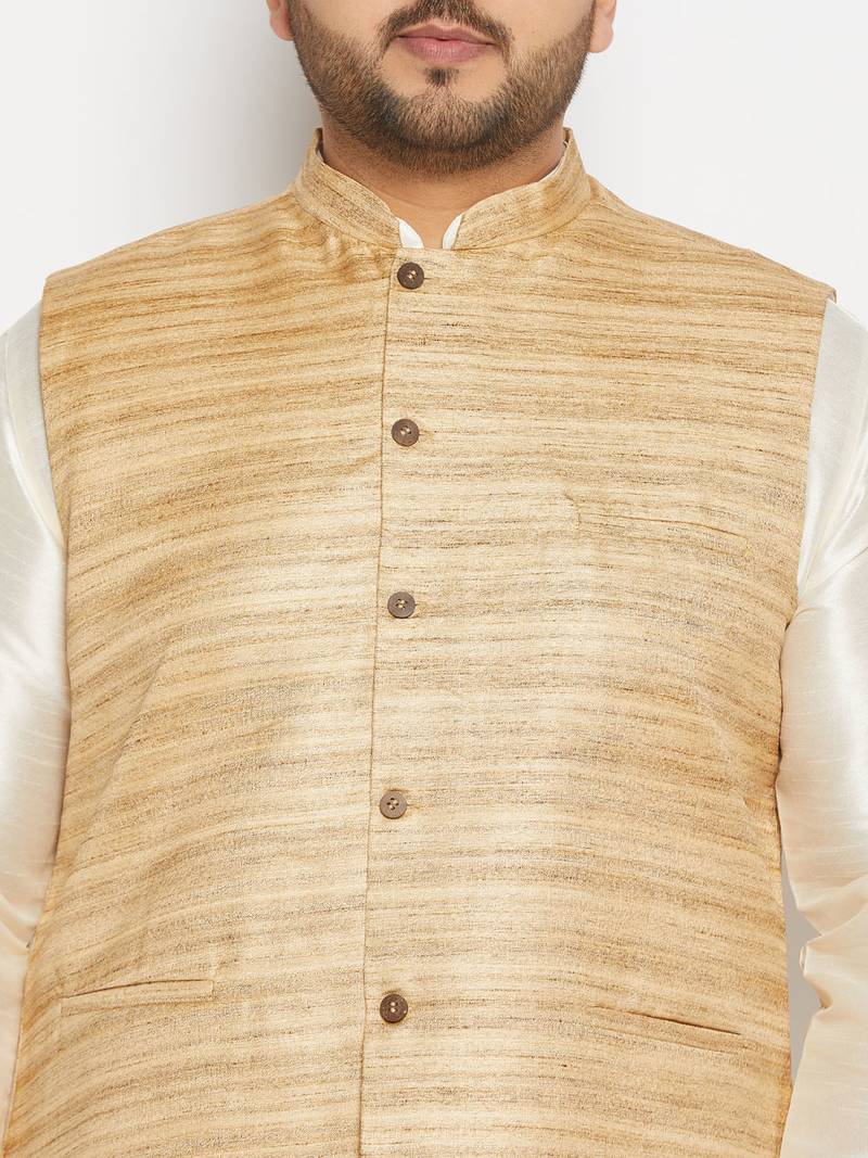 beige and cream silk blend jacket, kurta and pyjama set