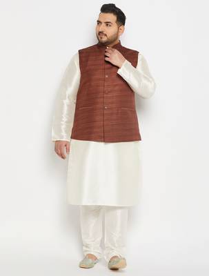 cream and coffee silk blend jacket, kurta and pyjama set 1