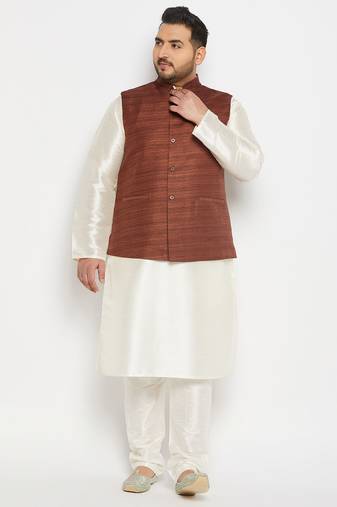 cream and coffee silk blend jacket, kurta and pyjama set