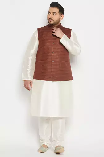 cream and coffee silk blend jacket, kurta and pyjama set