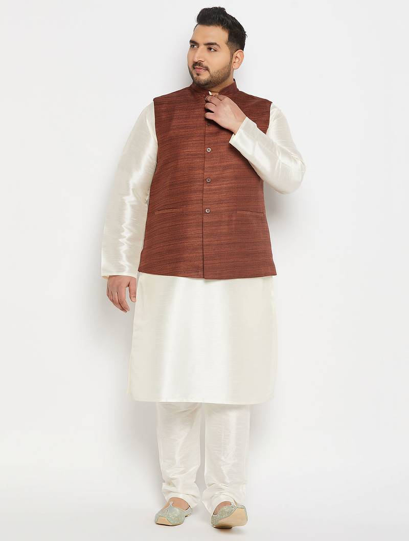 cream and coffee silk blend jacket, kurta and pyjama set