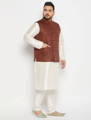 cream and coffee silk blend jacket, kurta and pyjama set 2