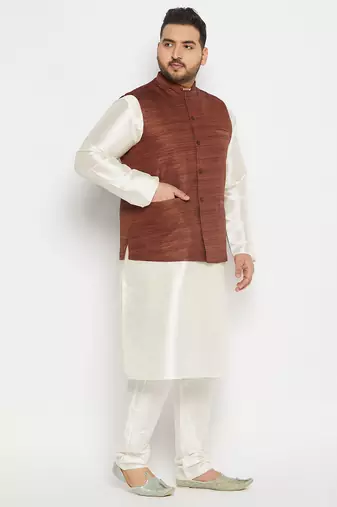 cream and coffee silk blend jacket, kurta and pyjama set