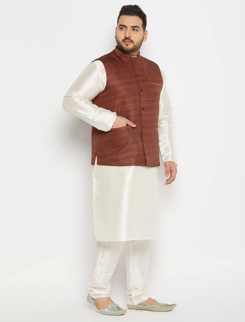 cream and coffee silk blend jacket, kurta and pyjama set