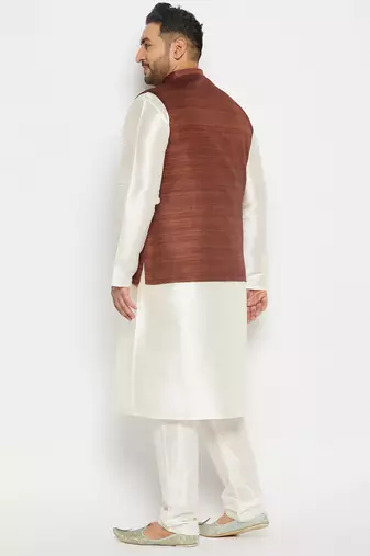 cream and coffee silk blend jacket, kurta and pyjama set