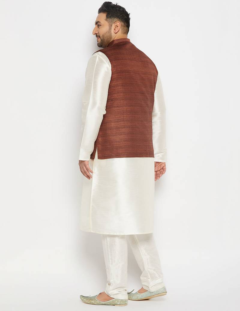 cream and coffee silk blend jacket, kurta and pyjama set