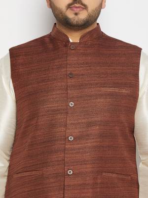 cream and coffee silk blend jacket, kurta and pyjama set 4