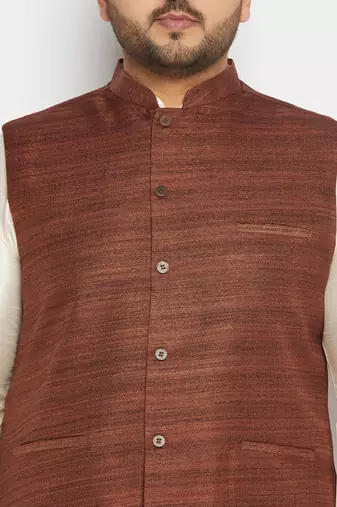cream and coffee silk blend jacket, kurta and pyjama set