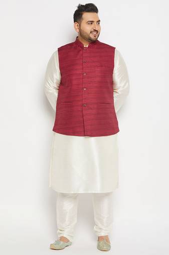 cream and maroon silk blend jacket, kurta and pyjama set