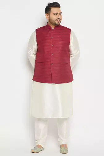 cream and maroon silk blend jacket, kurta and pyjama set