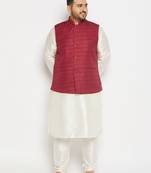 cream and maroon silk blend jacket, kurta and pyjama set