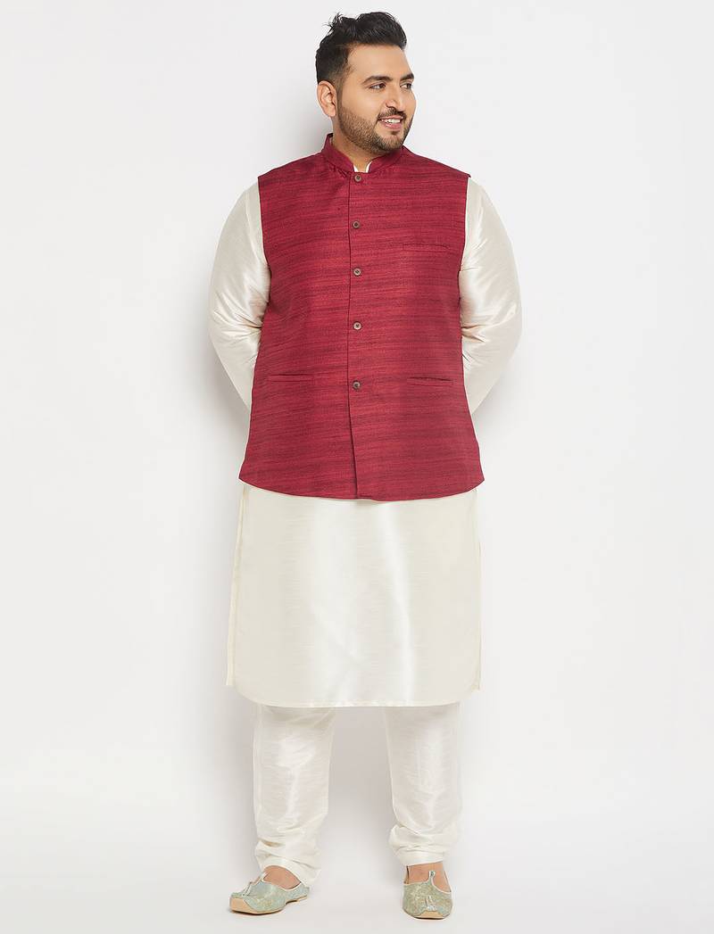 cream and maroon silk blend jacket, kurta and pyjama set