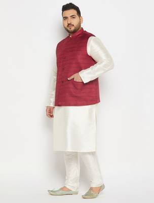 cream and maroon silk blend jacket, kurta and pyjama set 2