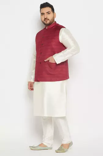 cream and maroon silk blend jacket, kurta and pyjama set
