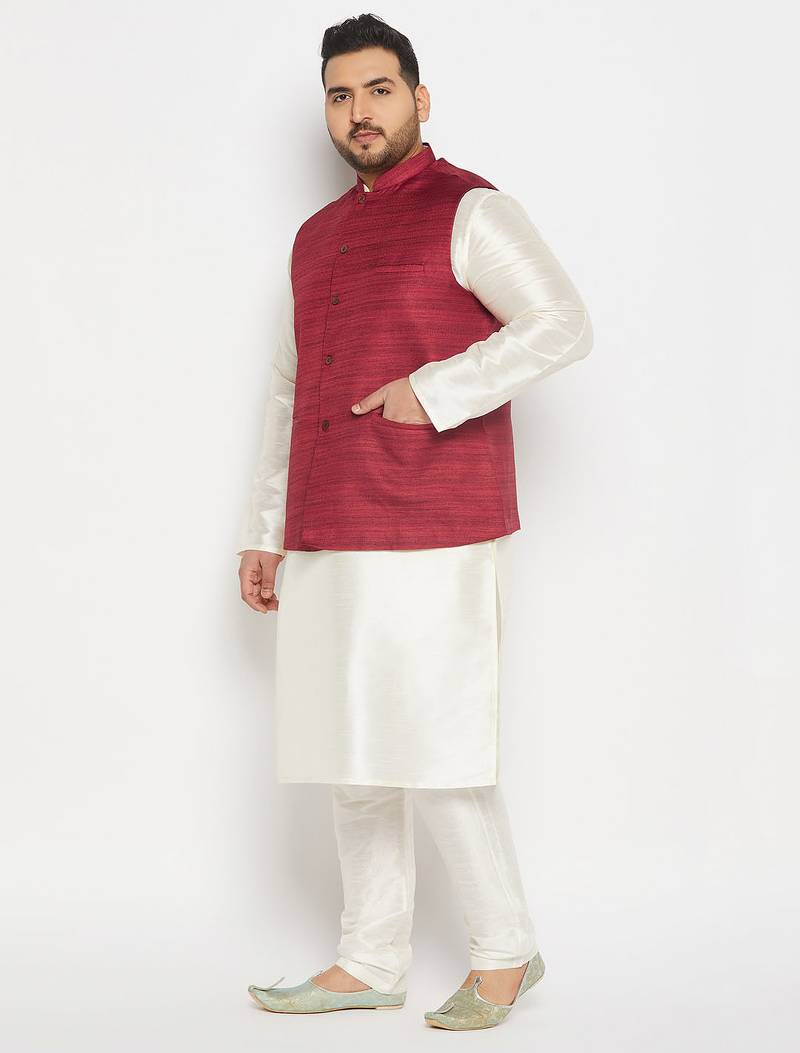 cream and maroon silk blend jacket, kurta and pyjama set