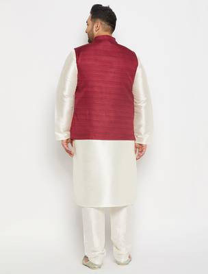 cream and maroon silk blend jacket, kurta and pyjama set 3