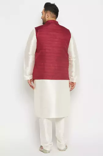 cream and maroon silk blend jacket, kurta and pyjama set