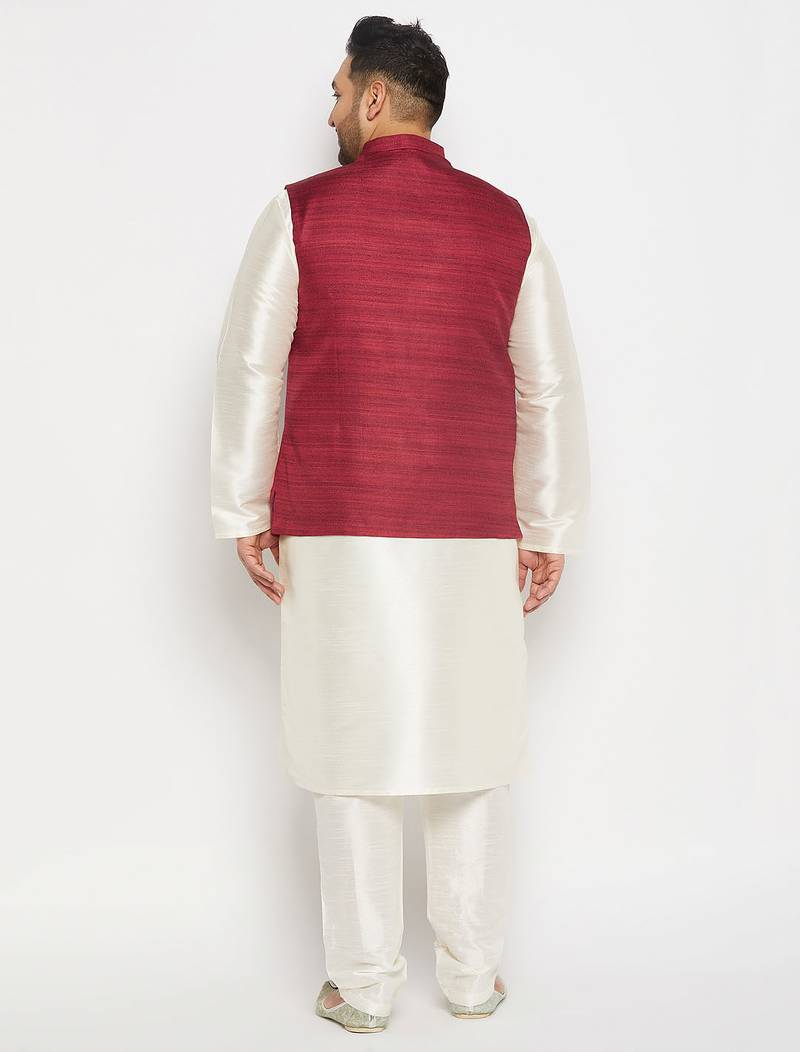 cream and maroon silk blend jacket, kurta and pyjama set