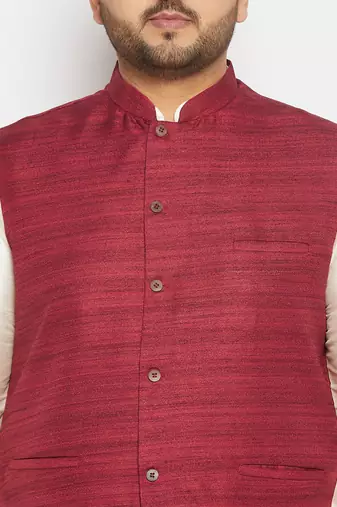 cream and maroon silk blend jacket, kurta and pyjama set
