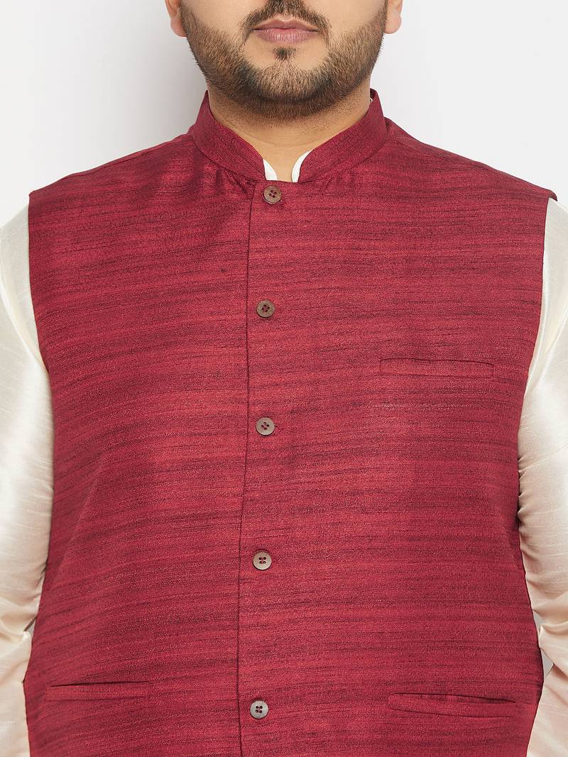 cream and maroon silk blend jacket, kurta and pyjama set