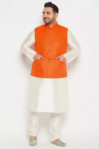 orange and cream silk blend jacket, kurta and pyjama set