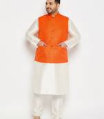 orange and cream silk blend jacket, kurta and pyjama set