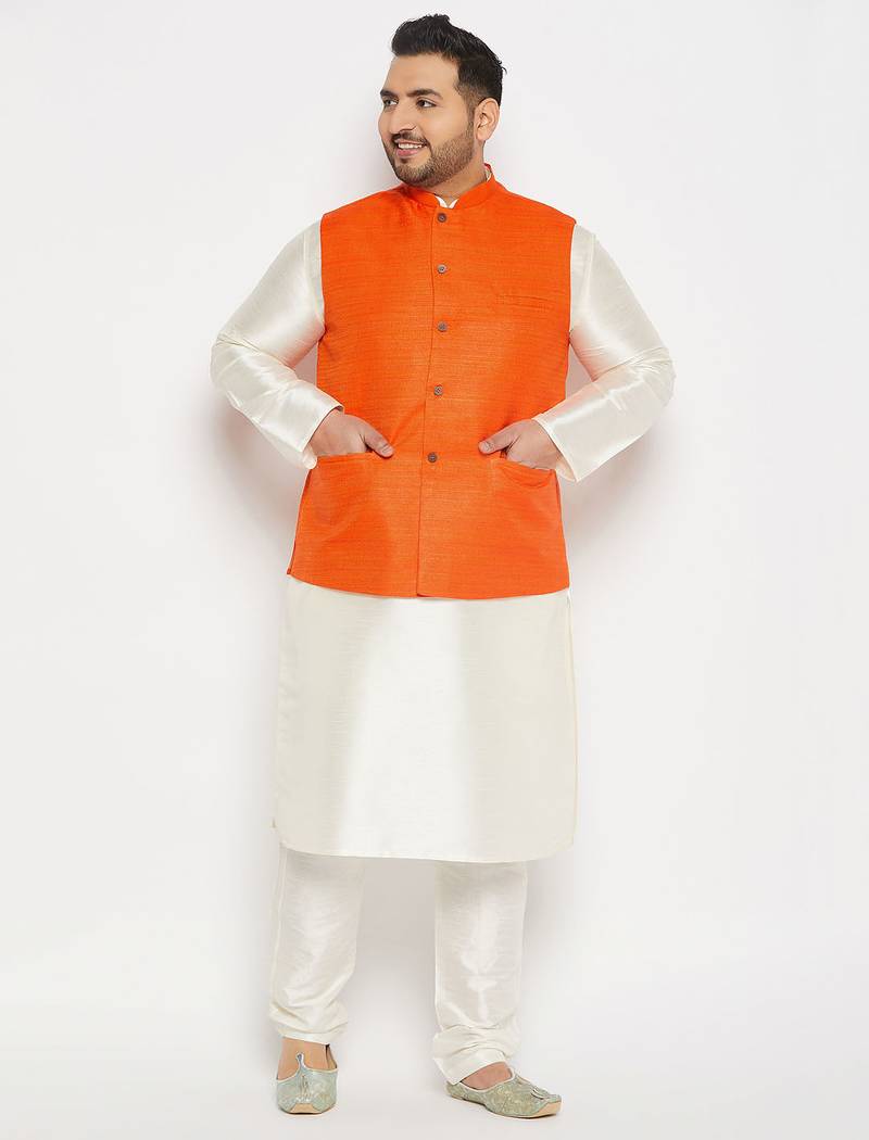 orange and cream silk blend jacket, kurta and pyjama set