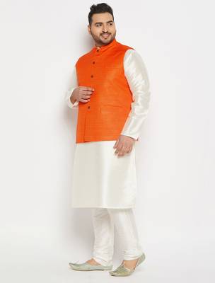 orange and cream silk blend jacket, kurta and pyjama set 2