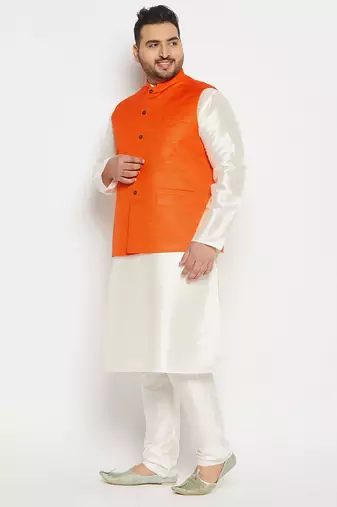 orange and cream silk blend jacket, kurta and pyjama set