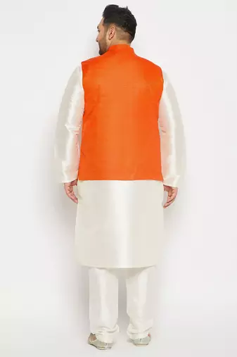 orange and cream silk blend jacket, kurta and pyjama set