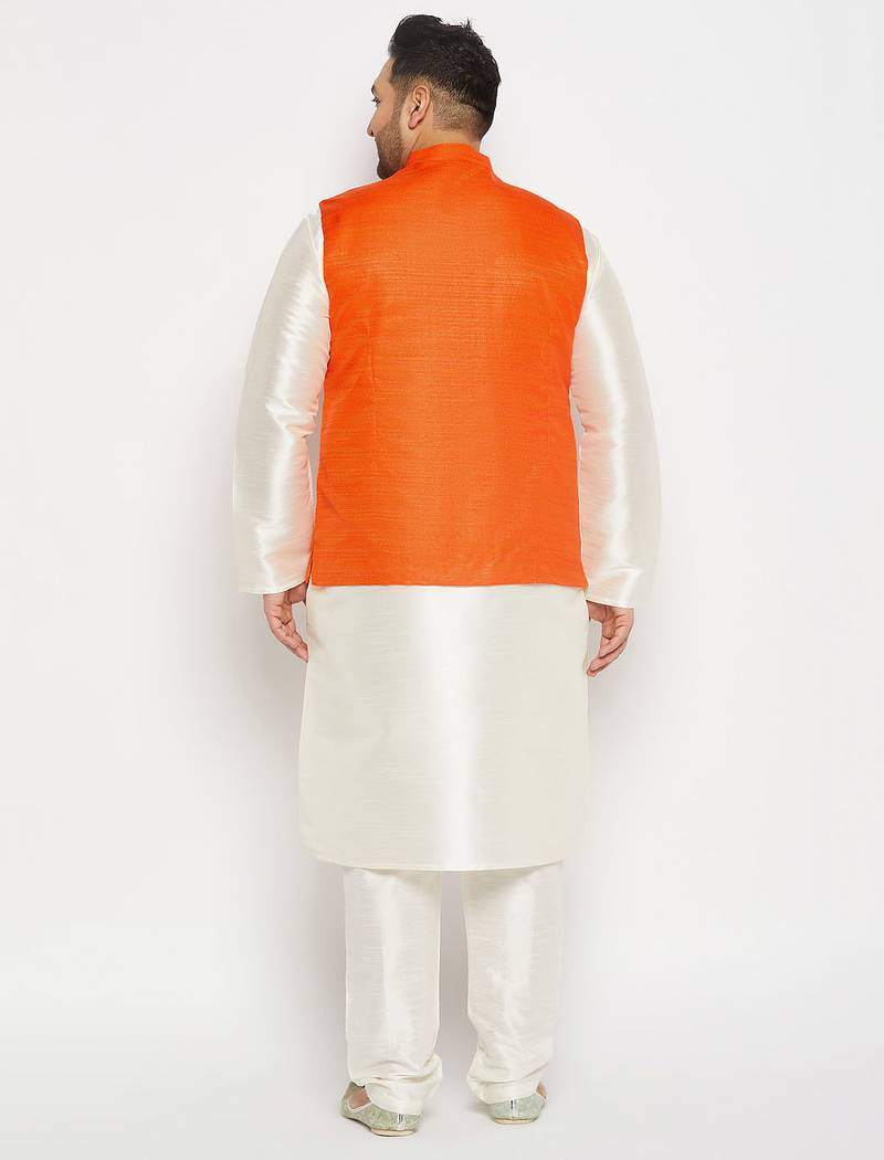 orange and cream silk blend jacket, kurta and pyjama set