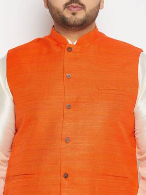 orange and cream silk blend jacket, kurta and pyjama set 4