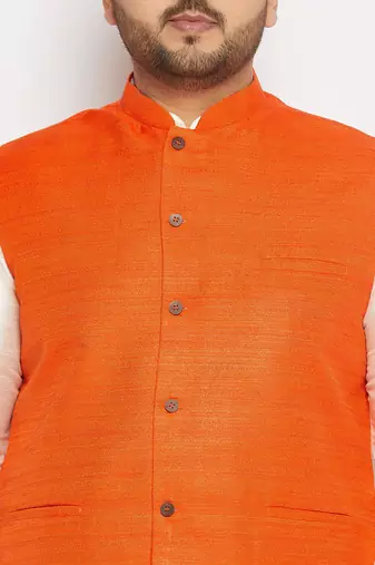 orange and cream silk blend jacket, kurta and pyjama set