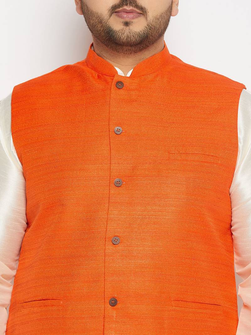 orange and cream silk blend jacket, kurta and pyjama set