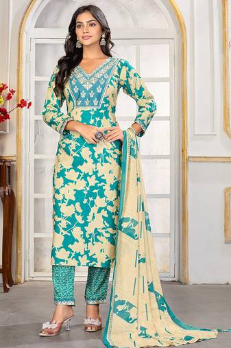 Sea green digital print with embroidery riyon salwar kameez with two pocket