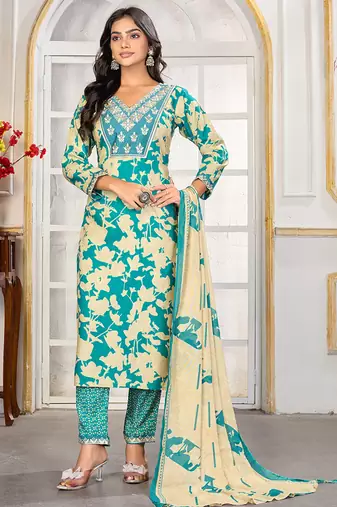 Sea green digital print with embroidery riyon salwar kameez with two pocket