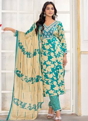Sea green digital print with embroidery riyon salwar kameez with two pocket 2