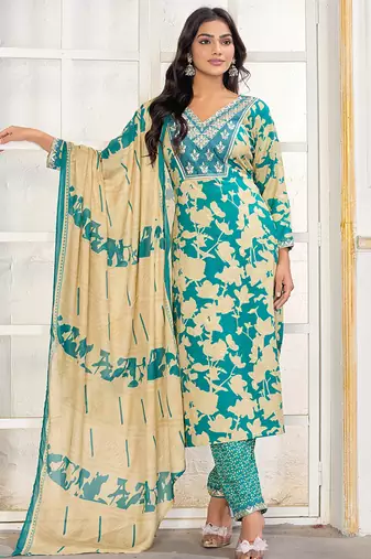 Sea green digital print with embroidery riyon salwar kameez with two pocket