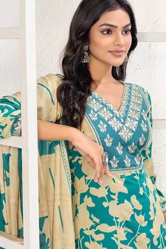 Sea green digital print with embroidery riyon salwar kameez with two pocket