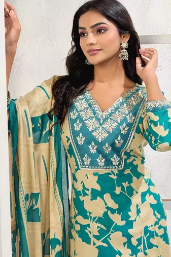 Sea green digital print with embroidery riyon salwar kameez with two pocket