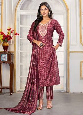 Maroon digital print with embroidery chanderi salwar kameez with two pocket 1