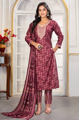 Maroon digital print with embroidery chanderi salwar kameez with two pocket