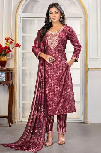 Maroon digital print with embroidery chanderi salwar kameez with two pocket