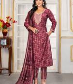 Maroon digital print with embroidery chanderi salwar kameez with two pocket