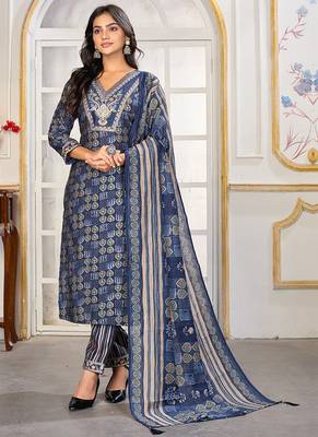 Navy blue digital print with embroidery chanderi salwar kameez with two pocket 1